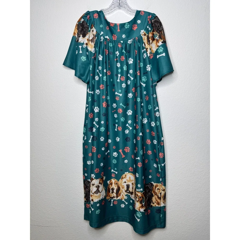 Anthony‎ Richards Dog Print Nightgown Muumuu House Dress Teal Green Plus Size 1X